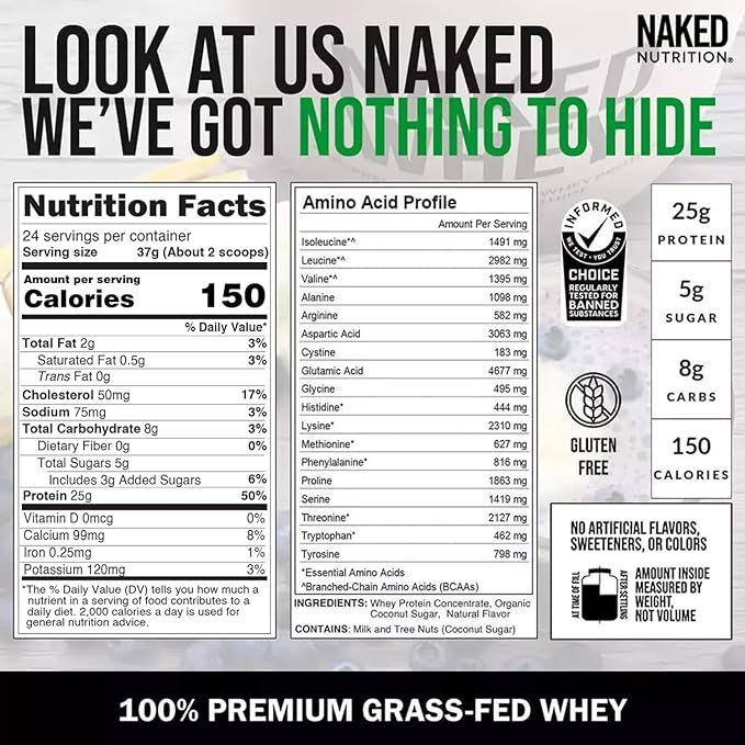 NAKED Whey Vanilla Protein Powder - Only 3 Ingredients - Grass Fed Whey Protein Powder, Vanilla