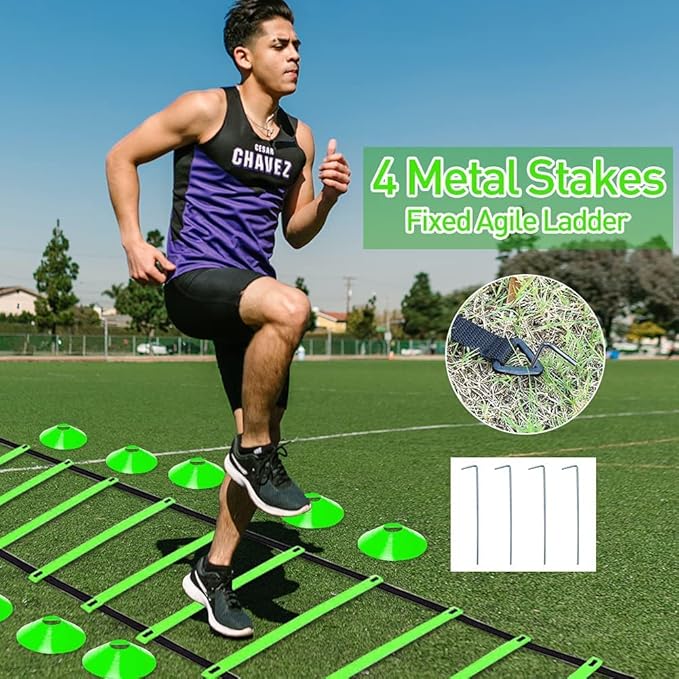Speed & Agility Ladder Training Equipment Set, Includes 12 Rung 20ft Agility Ladder, 4 Agility