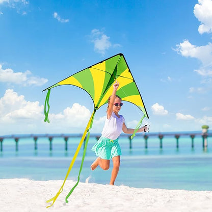JOYIN 3 Packs Large Delta Kite Green, Blue and Rainbow, Easy to Fly for Kids with 262.5 ft String