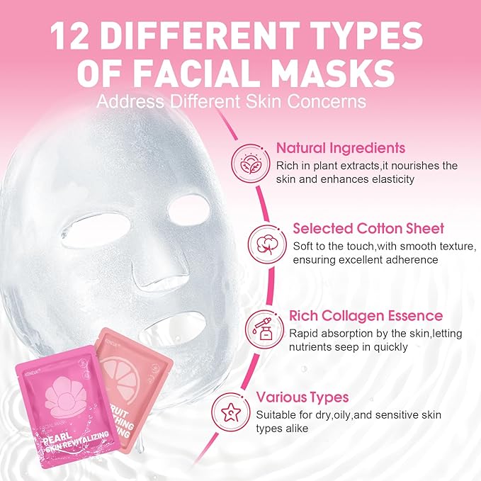12 Pack Collagen Hydrating Face Masks Skincare, Sheet Face Mask for All Skin Types, Facial Masks