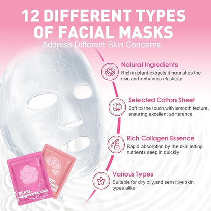 12 Pack Collagen Hydrating Face Masks Skincare, Sheet Face Mask for All Skin Types, Facial Masks