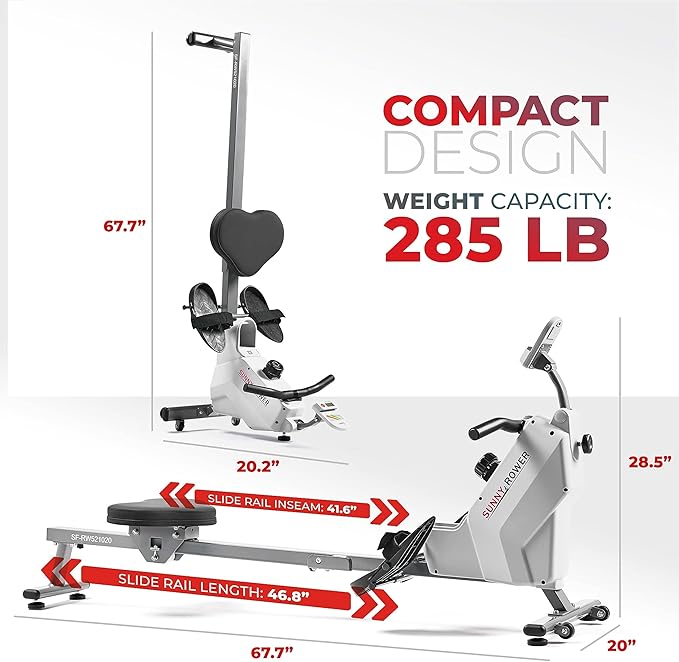 Sunny Health & Fitness Magnetic Rowing Machine for Home Exercise, Quiet & Smooth Rower with Compact
