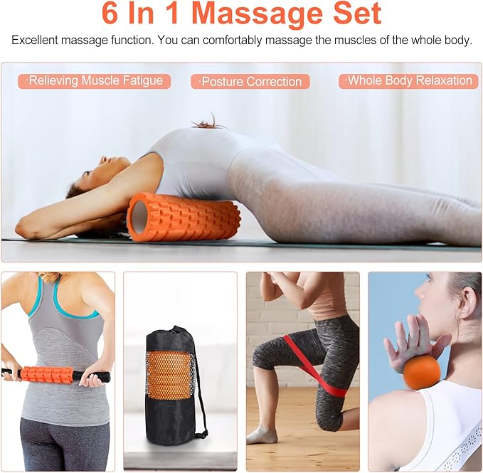 5 in 1 Foam Roller Set Includes Hollow Core Massage Roller, Yoga Stick, Massage Ball, Fitness