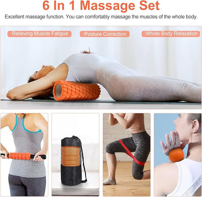 5 in 1 Foam Roller Set Includes Hollow Core Massage Roller, Yoga Stick, Massage Ball, Fitness