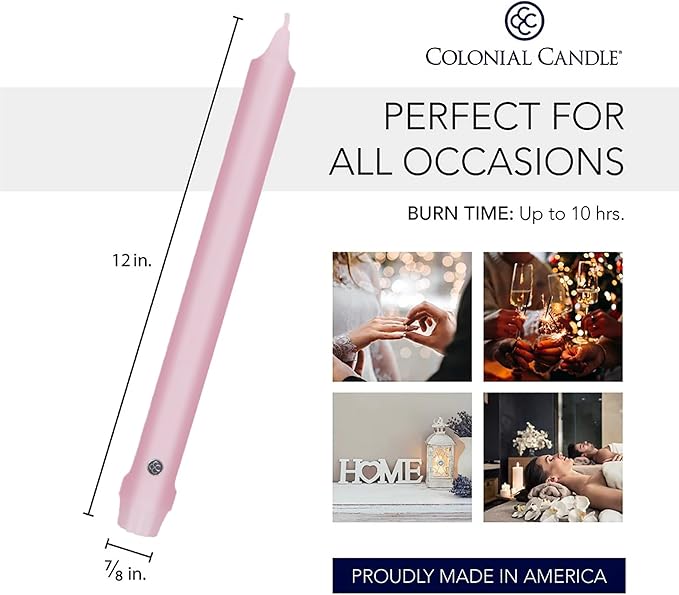 Colonial Candle Unscented Taper Candle, Classic Collection, Persian Pink, 12 in, Pack of 12 - Up to