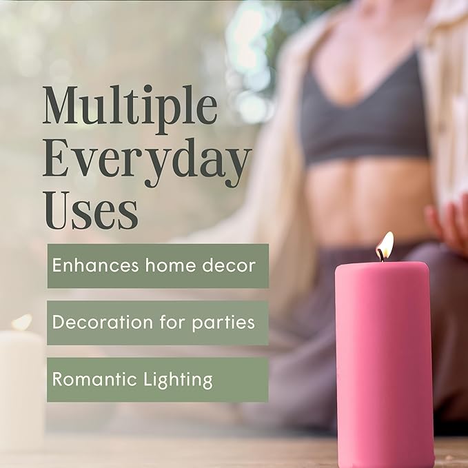 Mister Candle Dripless Unscented Pillar Candles, Set of 3 Hand Poured Pink Pillar Candles, Solid