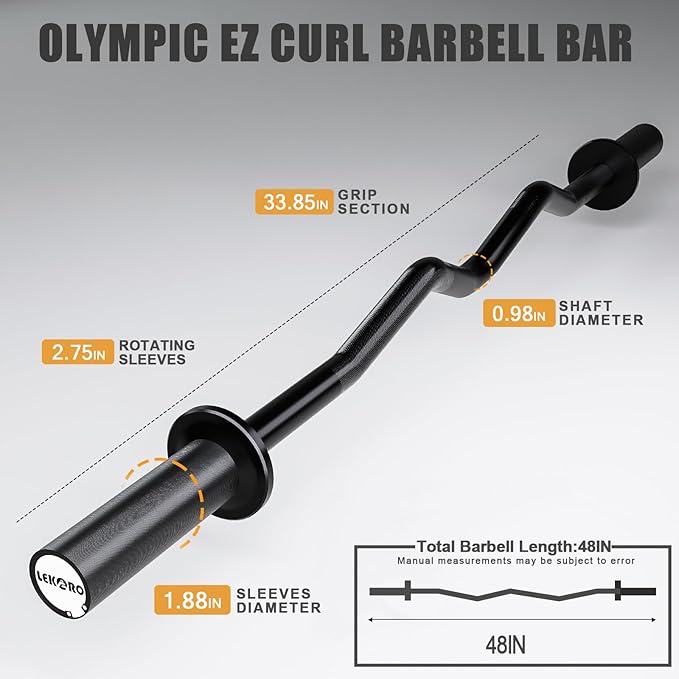 Olympic EZ Curl Barbell Bar, 48-inch Curling Bar, Fits 2-inch Weight Plates, Strength Training Bar