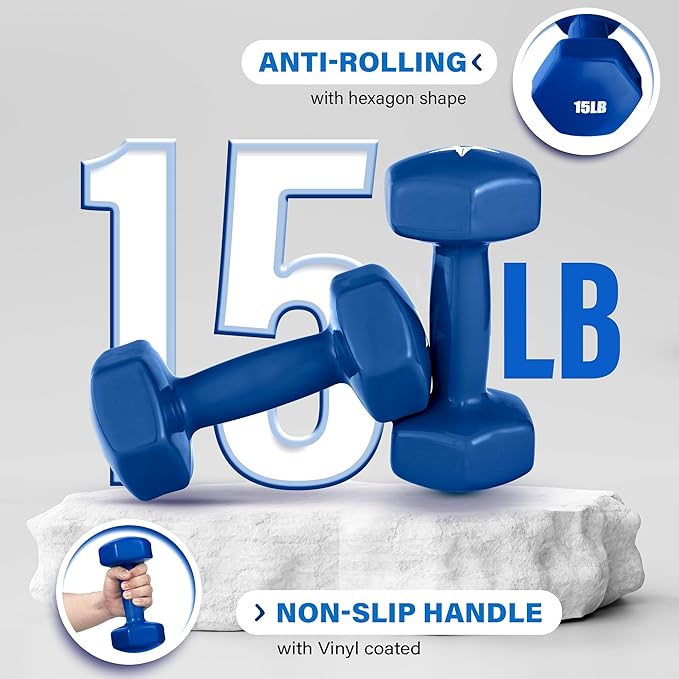 Yes4All Vinyl Hexagon Dumbbell - Dumbbells Set of 2 Hand Weights for Home Gym & Strength Training