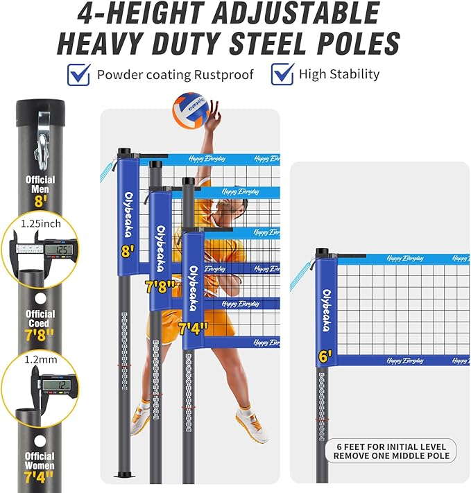 Outdoor Portable Volleyball Net Set for Backyard Beach with Adjustable Heavy Duty Poles, Durable