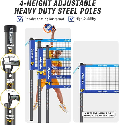 Outdoor Portable Volleyball Net Set for Backyard Beach with Adjustable Heavy Duty Poles, Durable