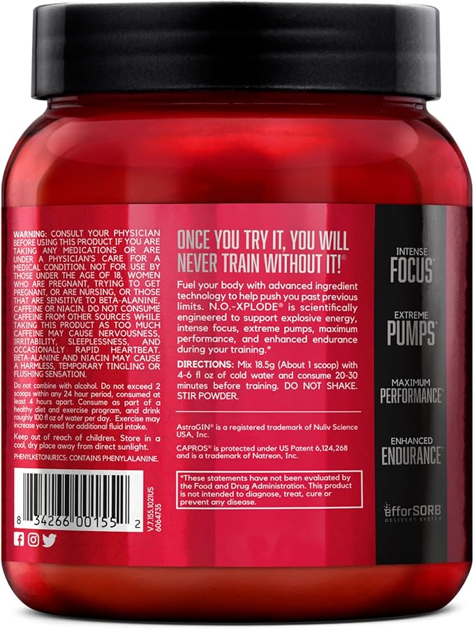 BSN N.O.-XPLODE Pre Workout Powder, Energy Supplement for Men and Women with Creatine and