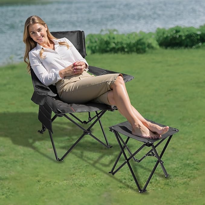 FAIR WIND Oversized Padded Camping Chair with Footrest Stool Set Heavy Duty Support 300 LBS Cooler