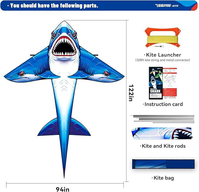 Three Headed Shark Kite for Kids and Adults,Kites for Kids Ages 8-12 Easy to Fly,Single Line Beach