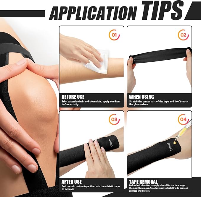 CKeep 4 Rolls Kinesiology Tape, Original Cotton Elastic Athletic Tape, 20 Precut 10" Strips Each