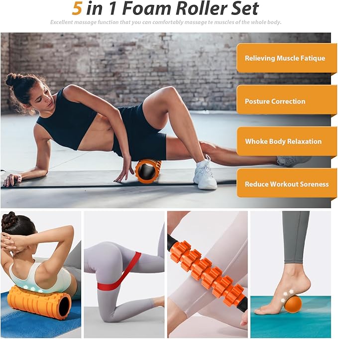 5 in 1 Foam Roller Set for Deep Tissue Muscle Massage, Trigger Point Fitness Exercise Foam Roller