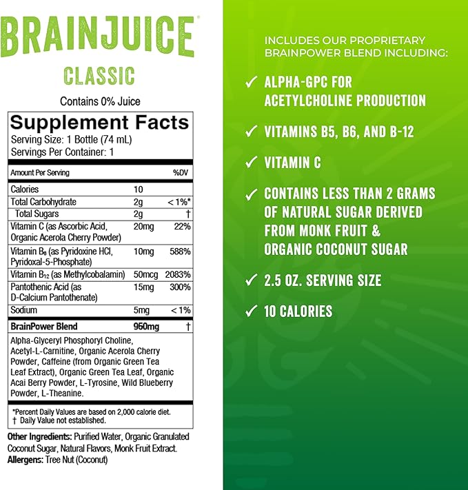 BrainJuice Focus & Energy Drink Shots, Nootropics with Alpha GPC, B Vitamins & Organic Green Tea