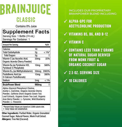 BrainJuice Focus & Energy Drink Shots, Nootropics with Alpha GPC, B Vitamins & Organic Green Tea