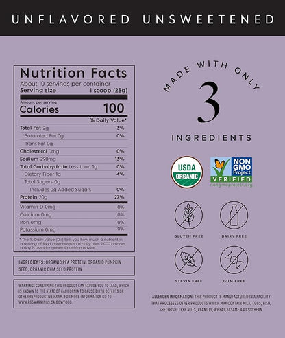 Truvani Vegan Pea Protein Powder | Unflavored | 20g Organic Plant Based Protein | 10 Servings |