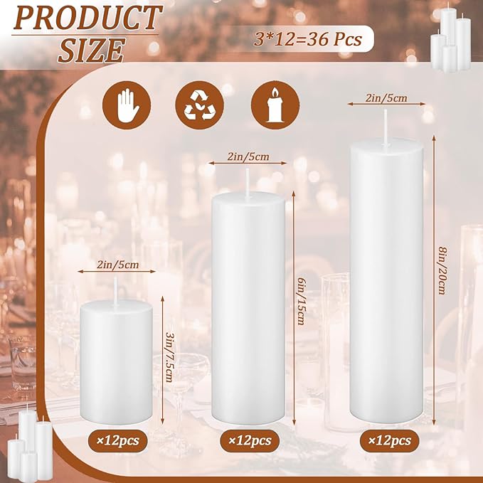 White Pillar Candles Bulk Set of 36，Hurricane Candlesï¼? Different Lengths 2 x 3/6/8 Inch (12