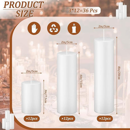 White Pillar Candles Bulk Set of 36，Hurricane Candlesï¼? Different Lengths 2 x 3/6/8 Inch (12