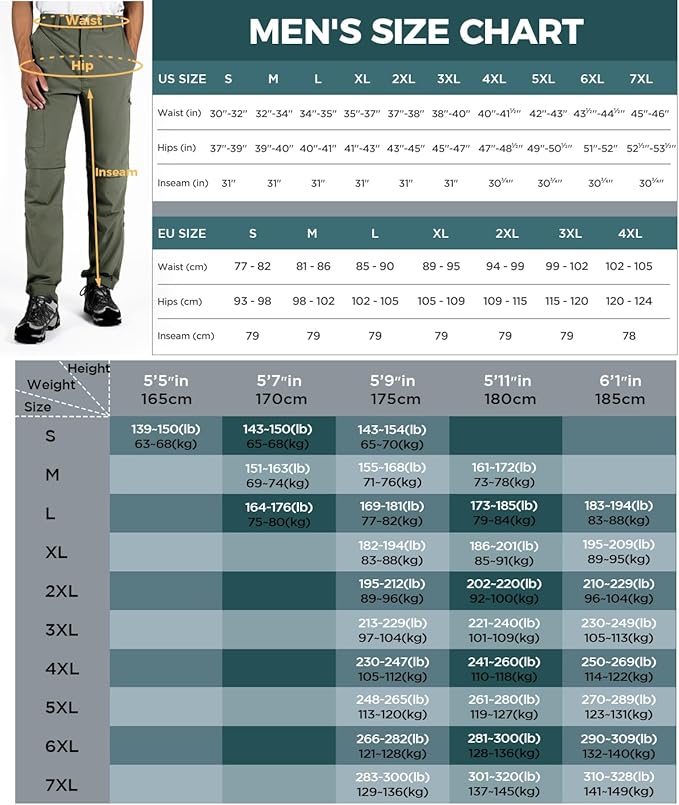 Wespornow Men's-Convertible-Hiking-Pants Quick Dry Lightweight Zip Off Breathable Cargo Pants for