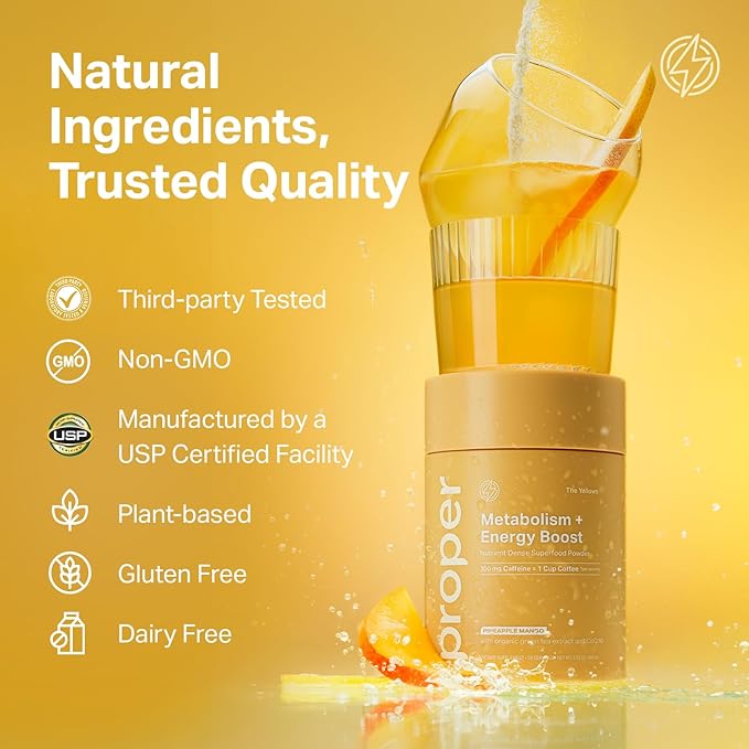 Proper, The Yellows Metabolism and Energy Boost, Sugar Free Energy Drink Powder with 100mg