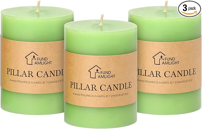 3x4 Inch Green Pillar Candles Set of 3 - Decorative Unscented Pillar Candle, Long Burning Dripless
