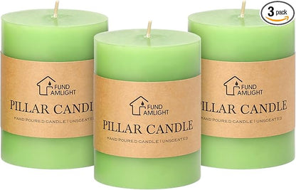 3x4 Inch Green Pillar Candles Set of 3 - Decorative Unscented Pillar Candle, Long Burning Dripless