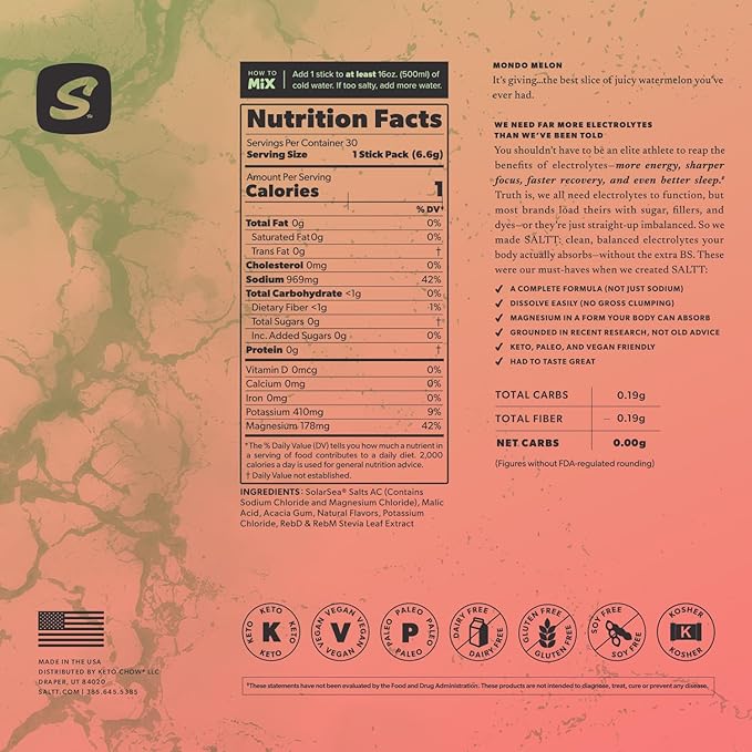 Keto Chow SALTT Electrolytes Powder Packets, Mondo Melon (30 Hydration Packets) - Magnesium