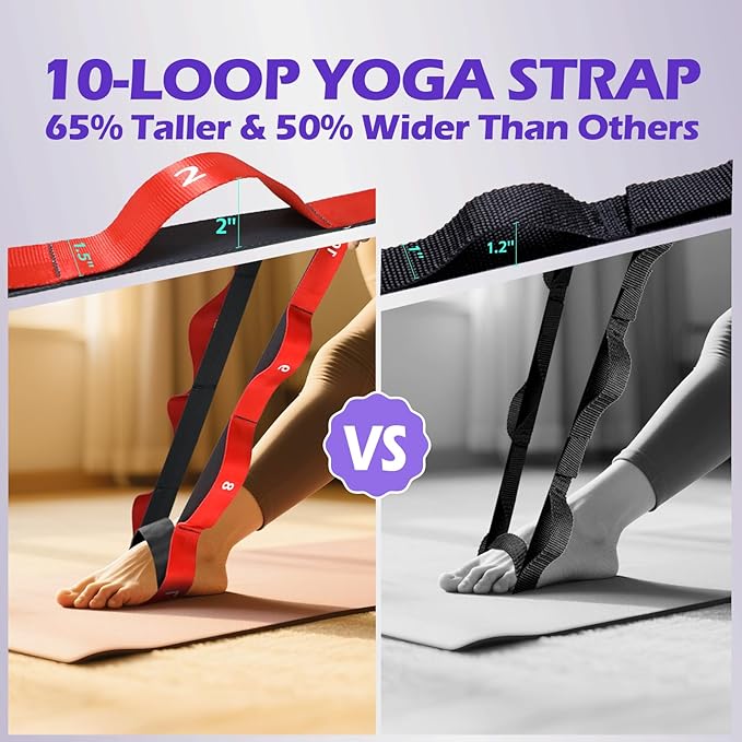 Stretching Strap with Loops - Non Elastic Yoga Straps for Physical Therapy, Durable Stretch Bands