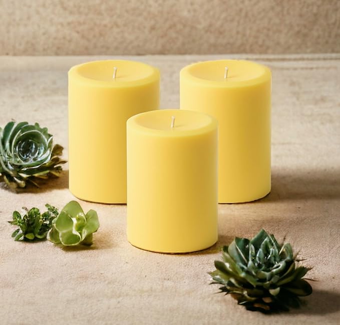 Mister Candle Dripless Unscented Pillar Candles, Set of 3 Hand Poured Solid Color Non-Scented