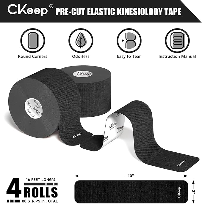 CKeep 4 Rolls Kinesiology Tape, Original Cotton Elastic Athletic Tape, 20 Precut 10" Strips Each
