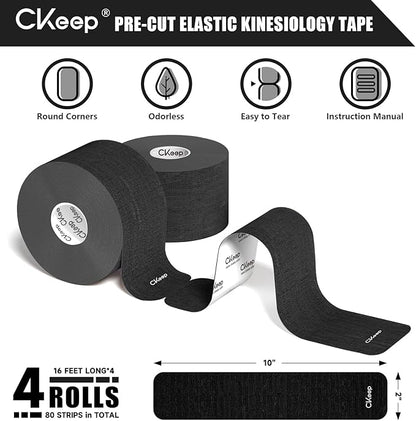 CKeep 4 Rolls Kinesiology Tape, Original Cotton Elastic Athletic Tape, 20 Precut 10" Strips Each