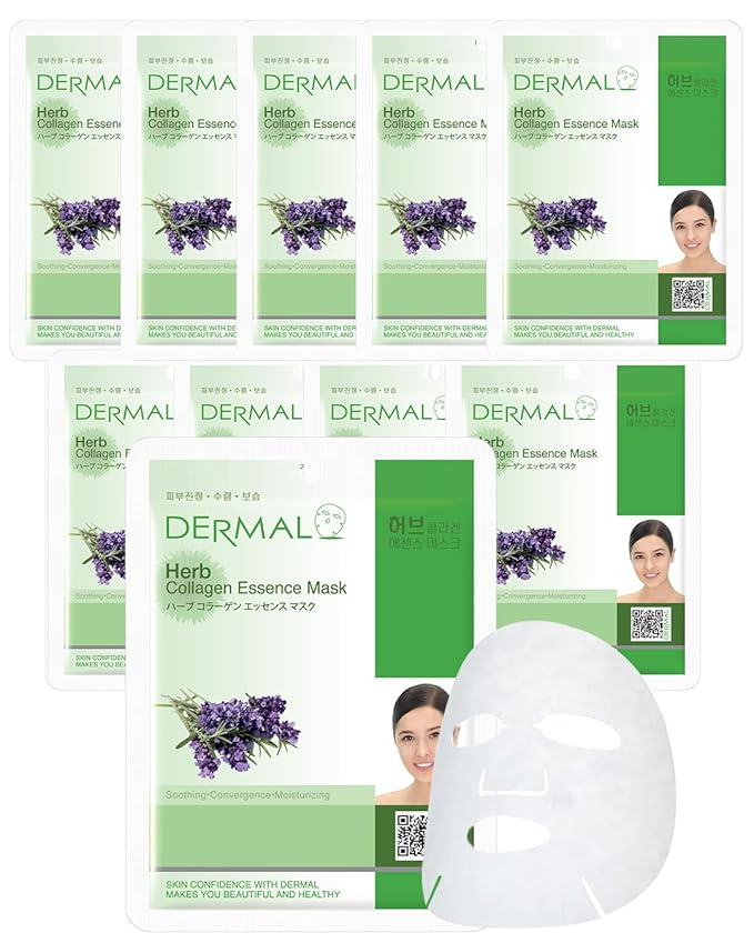DERMAL Herb Collagen Essence Facial Mask Sheet 23g Pack of 10 - Skin Clear and Purifying, Pore