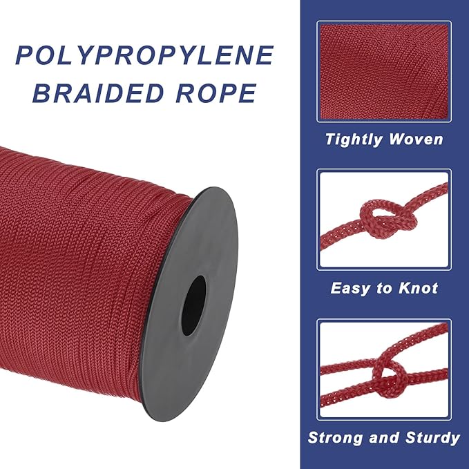 MECCANIXITY 1/8 Inch Polypropylene Rope Braided Ropes, 328ft Nylon Rope Hollow Utility Cord for