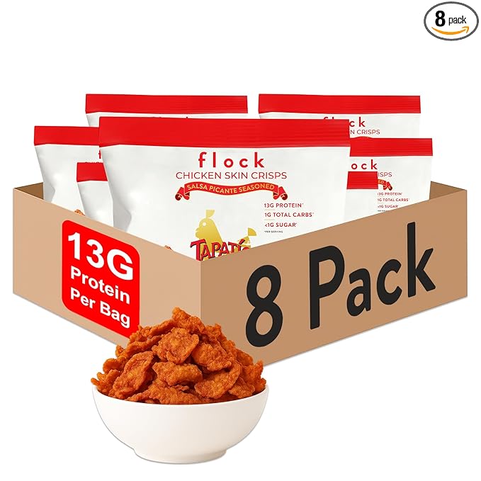 Flock Keto Chicken Skin Chips – Tapatio Flavor, Low Carb, High Protein, Gluten-Free Chicken Crisps