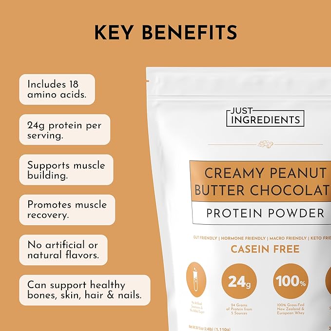 JUST INGREDIENTS Creamy Peanut Butter Chocolate Protein Powder ??30-ServingBlend with Grass-Fed