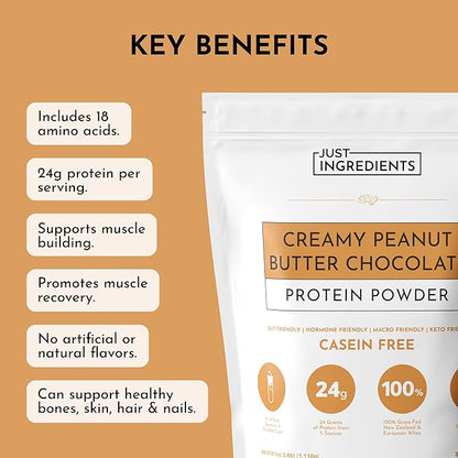 JUST INGREDIENTS Creamy Peanut Butter Chocolate Protein Powder ??30-ServingBlend with Grass-Fed
