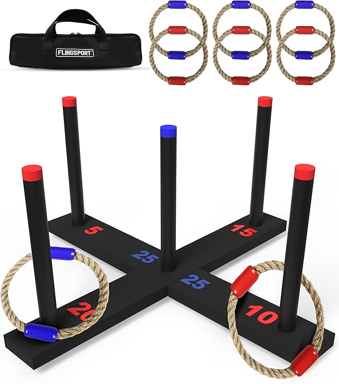 Ring Toss Game, Incl. 6 Double Beaded Rings & Carry Case Outdoor Lawn Games for Kids, Adults &