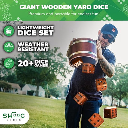SWOOC Games - Yardzee, Farkle & 20+ Giant Dice Games (All Weather) with Wood Bucket, 5 Scorecards &