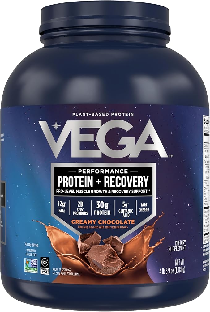 Vega Sport Vegan Protein Powder + Recovery - 30g Plant Based Protein per Serving, Chocolate, 45