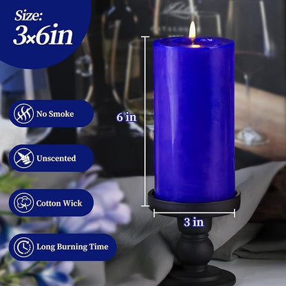 KONNI Classic Blue Pillar Candles Set of 3, 3"x 6" Unscented Pillar Candles Bulk, 56 Hours Long