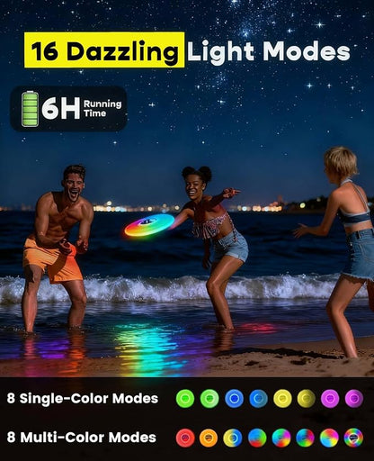 2 Pack Flying Disc, Glow Frisbee with 30 RGB LEDs, 16 Light Modes and 4 Brightness, 6-Hour