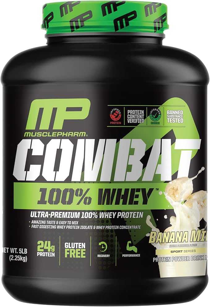 MusclePharm Combat 100% Whey Protein Powder, Banana Milk Flavor, Fast Recovery & Muscle Gain with