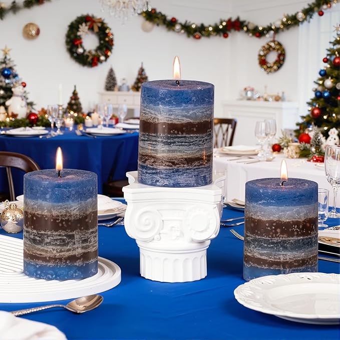 KONNI Blue-Coffee Layered Pillar Candles Set of 3, 3"x 4" Unscented Pillar Candles Bulk, 39 Hours