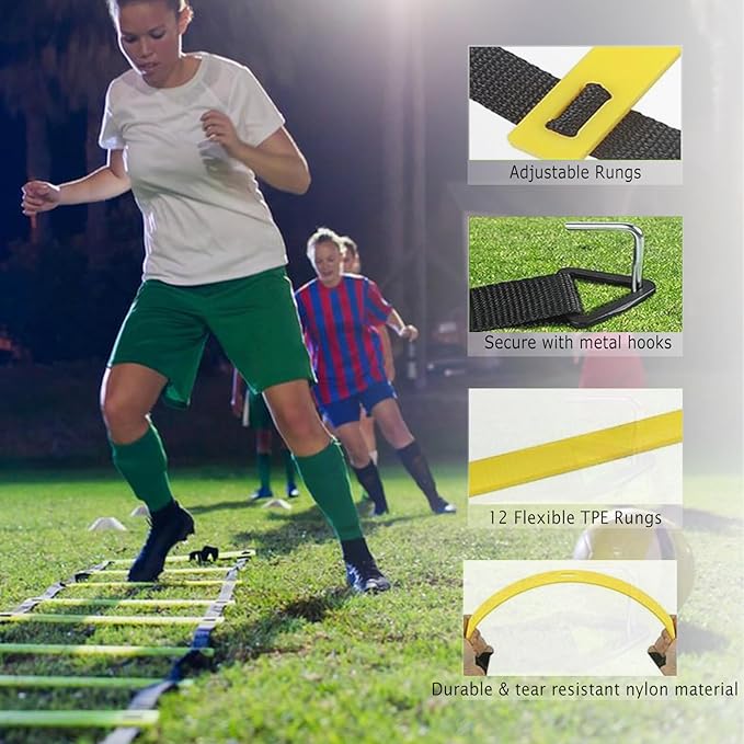 Speed & Agility Training Equipment-20ft Agility Ladder, 6 Poles, 12 Soccer Cones, Resistance