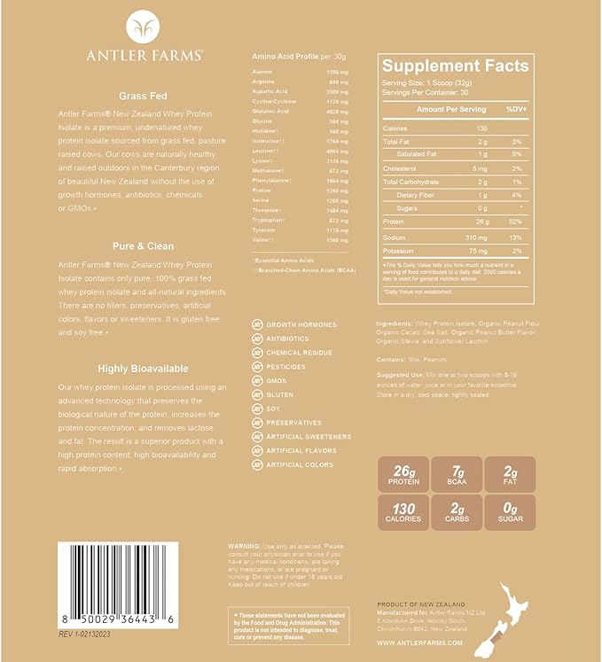 Antler Farms - 100% Grass Fed New Zealand Whey Protein Isolate, Peanut Butter Chocolate Flavor, 2