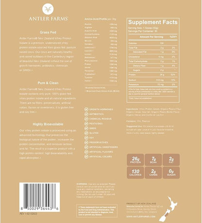Antler Farms - 100% Grass Fed New Zealand Whey Protein Isolate, Peanut Butter Chocolate Flavor, 2
