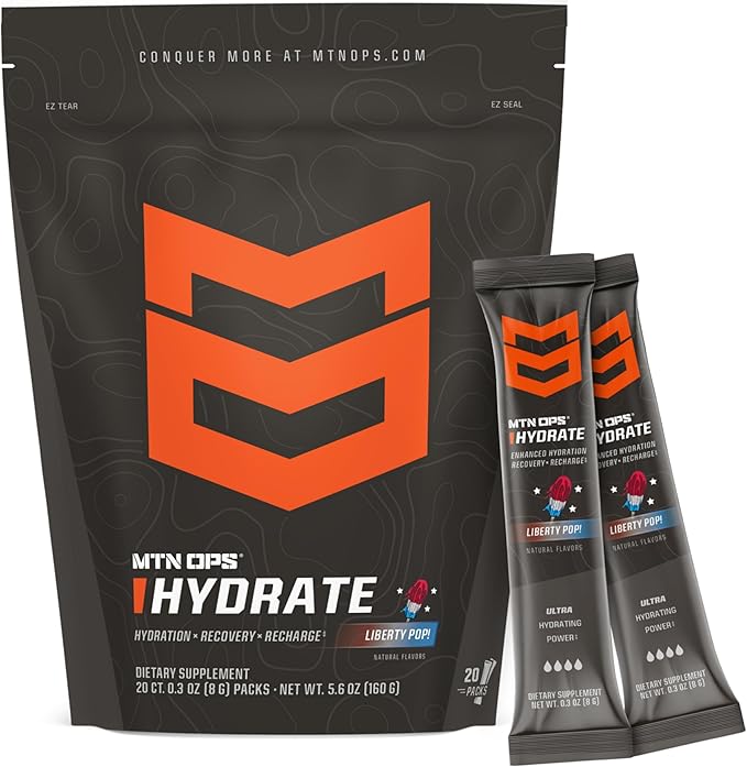 MTN OPS Hydrate Electrolytes Powder Drink Mix, 20 Single Serving On-The-Go Electrolyte Packs with