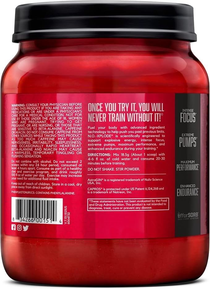 BSN N.O.-XPLODE Pre Workout Supplement with Creatine, Beta-Alanine, and Energy, Flavor: Fruit